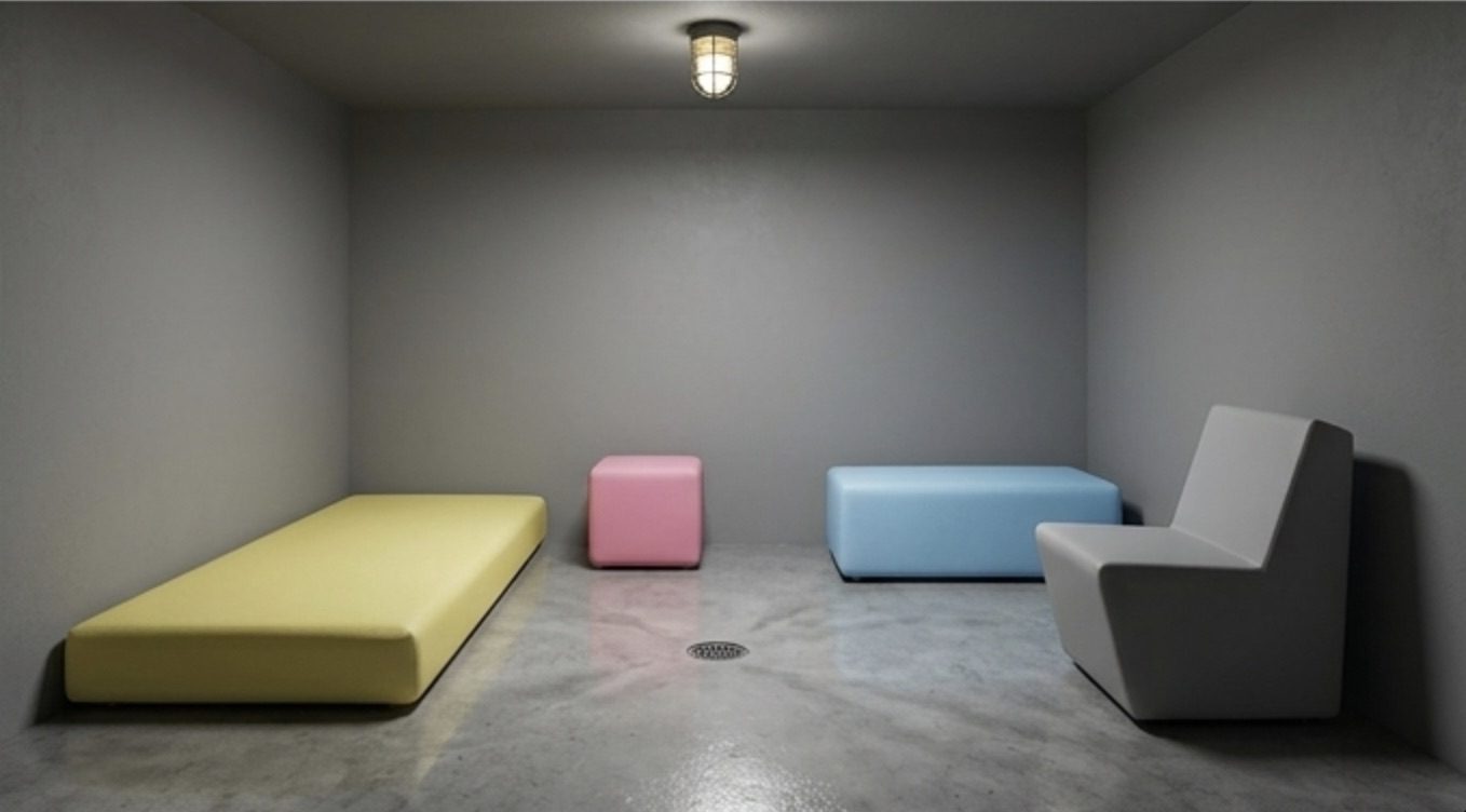 Gele matras, roze kubus, blauwe bank en grijze loungestoel, allemaal gecoat – QMtex®, regio Lendelede