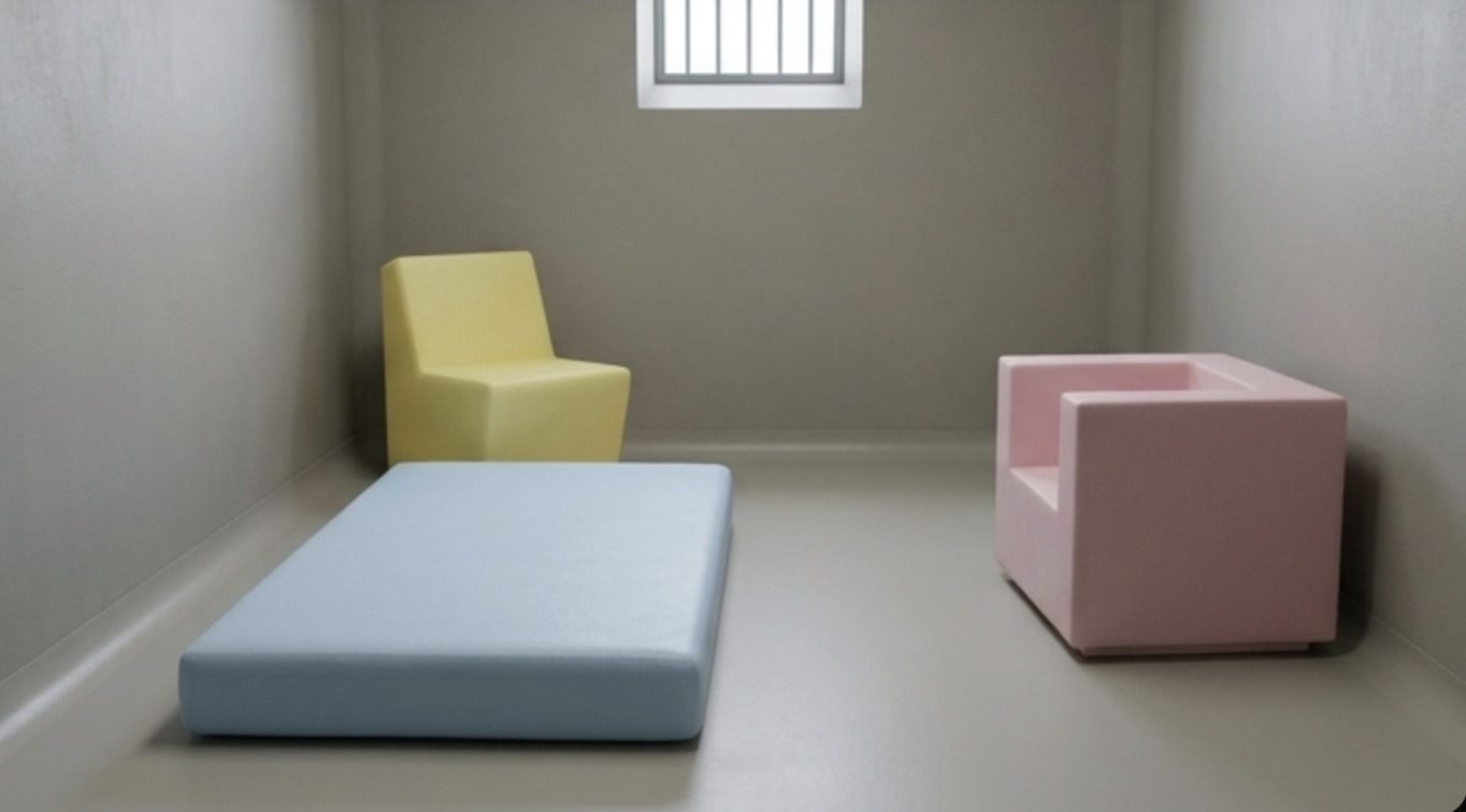 Gecoate matras, gele stoel en roze fauteuil in een betonnen ruimte – QMtex®, regio Waregem