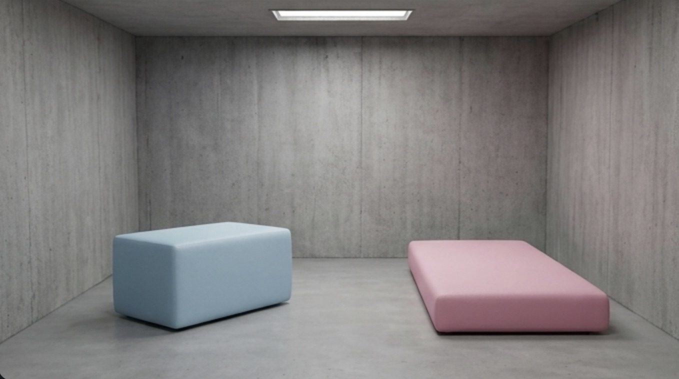 Lichtblauwe gecoate poef en roze matras in een betonnen ruimte – QMtex®, regio Kuurne